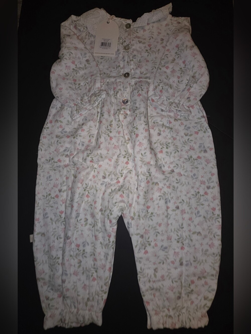 Elegant Baby Delicate Floral Ruffle Collar Baby Romper - White with Pink & Green - Picture 11 of 12